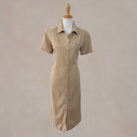 Talbots Dresses & Skirts - Vintage Y2K Talbots Button Front Shirt Dress Beige Midi Shell Buttons 10
